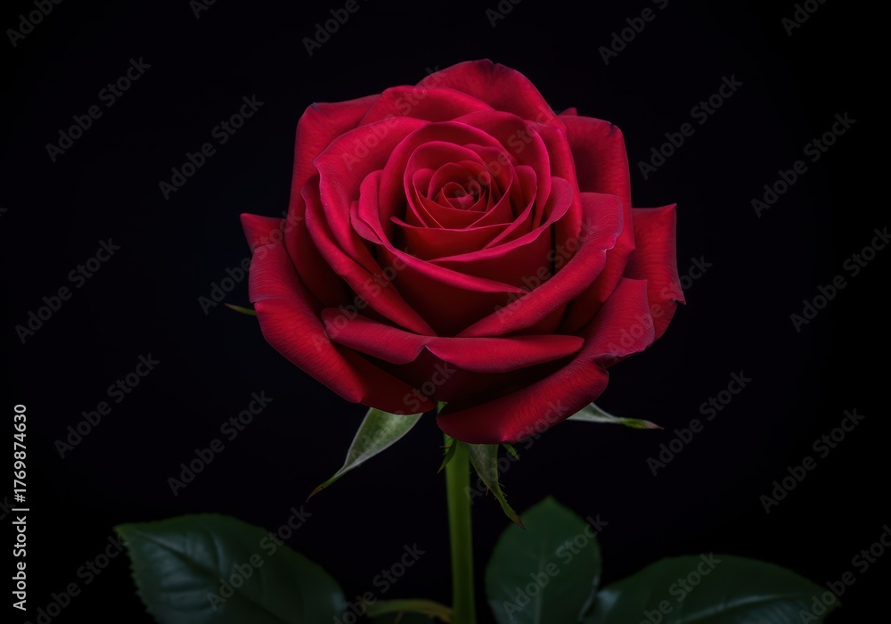 Naklejka premium Ethereal lighting illuminates a solitary, perfect deep crimson rose, symbolizing sacred devotion, purity, faith, and spiritual grace ,love ,mood ,plant