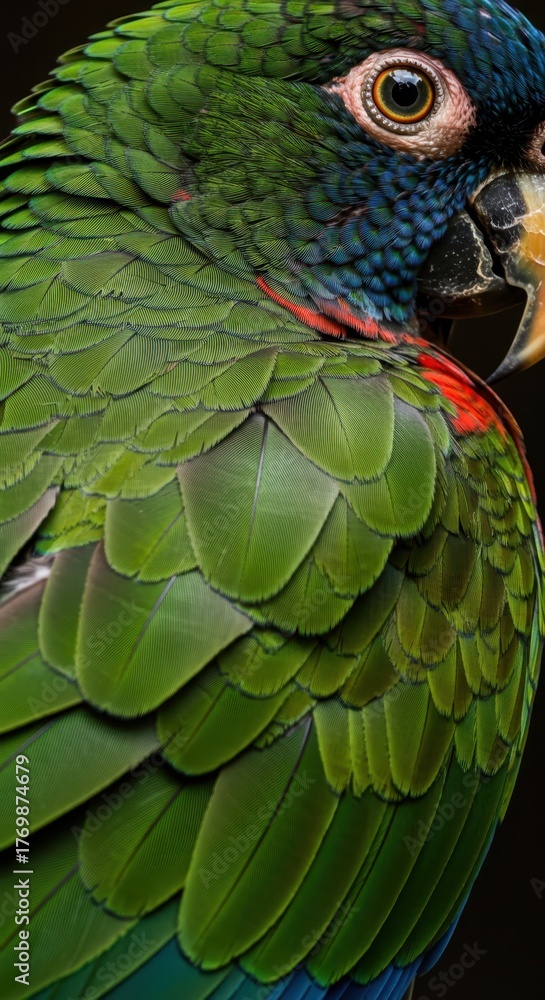 Obraz premium Extreme closeup portrait of a tropical parrot displaying brilliant, saturated green, blue, and red feathers, highlighting texture and a focused, sharp eye ,macaw ,red ,exotic bird