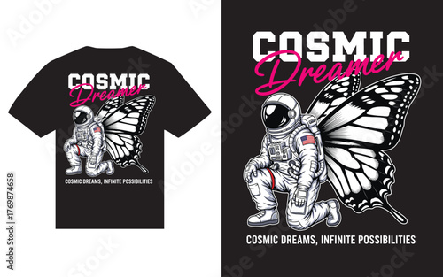 Astronaut with butterfly wings cosmic dreamer t shirt design