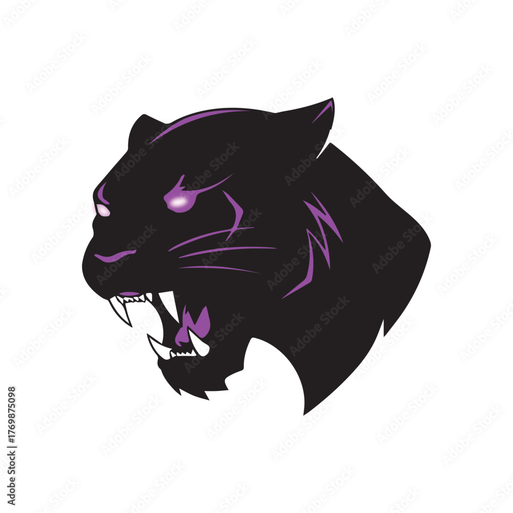 Obraz premium Aggressive panther head – black silhouette with glowing purple eyes and sharp fangs in bold design for sports, gaming, and power-themed branding.