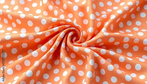 Polka Dot Fabric: An elegant, close-up shot captures the texture of a vibrant orange fabric adorned with classic white polka dots, the fabric gracefully twisted into a spiral.