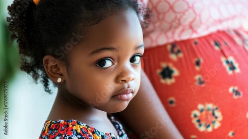 An adorable young girl with a big-eyed expression, looking at the camera. She is accompanied by her mother in a warm and loving moment.