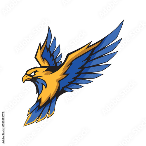 Fierce eagle in flight – bold blue and yellow bird with sharp wings and intense gaze for sports, gaming, and power-themed branding.