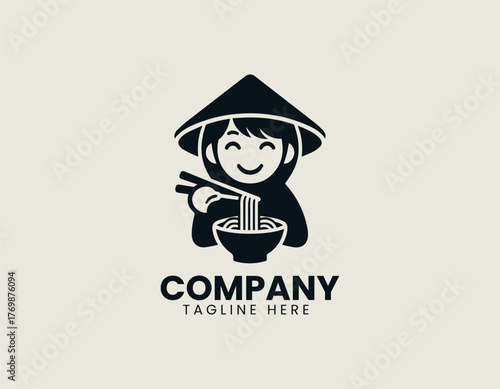 Cute Vietnamese girl eating noodles with chopsticks vector logo illustration design