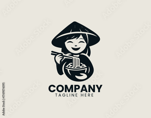 Cute Vietnamese girl eating noodles with chopsticks vector logo illustration design