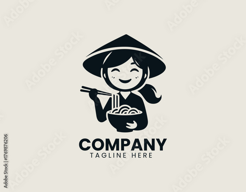 Cute Vietnamese girl eating noodles with chopsticks vector logo illustration design
