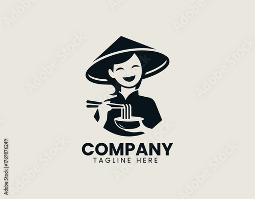 Cute Vietnamese girl eating noodles with chopsticks vector logo illustration design