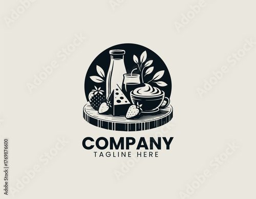 Vector illustration of assorted cheese and milk products on wooden board in modern style