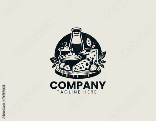 Vector illustration of assorted cheese and milk products on wooden board in modern style