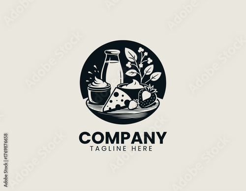 Vector illustration of assorted cheese and milk products on wooden board in modern style