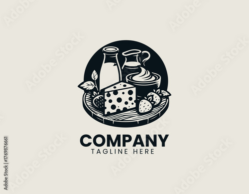 Vector illustration of assorted cheese and milk products on wooden board in modern style