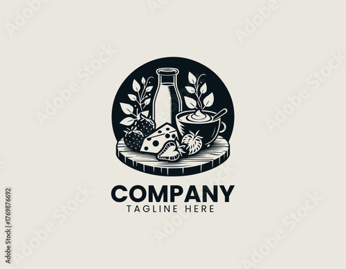 Vector illustration of assorted cheese and milk products on wooden board in modern style