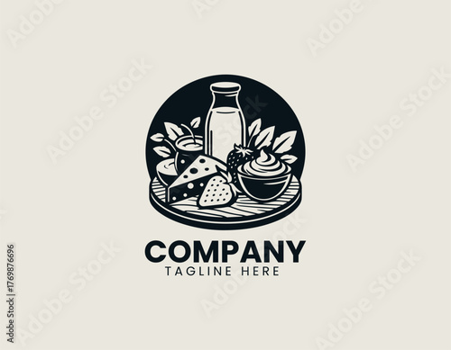 Vector illustration of assorted cheese and milk products on wooden board in modern style