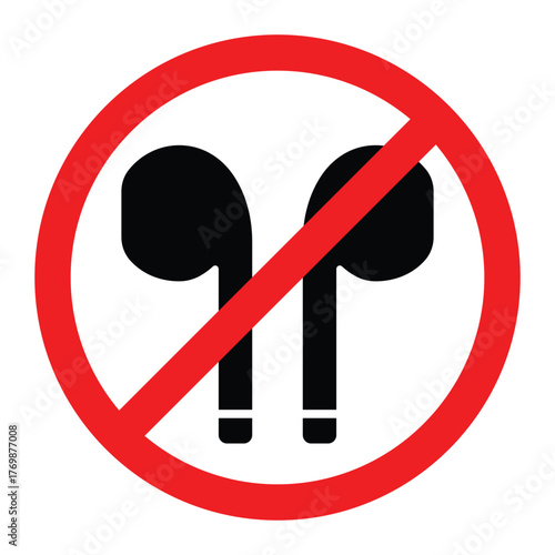 No earphones vector icon. Black headphone silhouette crossed by red prohibition sign. Forbidden earbud use symbol for safety, silence, or restriction notice design.