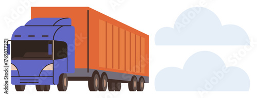 Large cargo truck with blue cab and orange trailer driving under partly cloudy sky. Ideal for transportation, logistics, delivery, freight, supply chain, shipping, and trade in a simple flat metaphor
