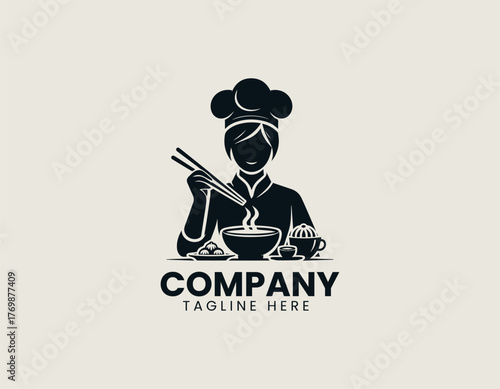 Female chef holding chopsticks serving dumplings in warm cartoon vector illustration