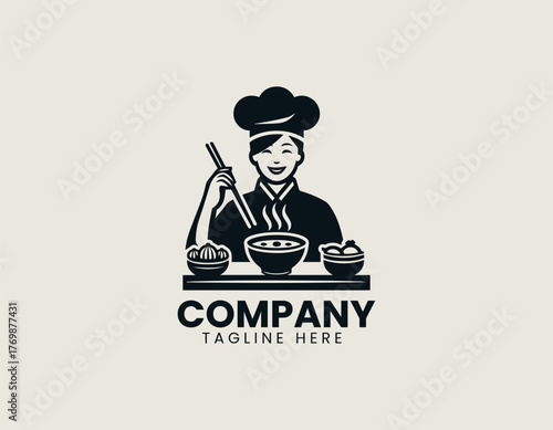 Female chef holding chopsticks serving dumplings in warm cartoon vector illustration