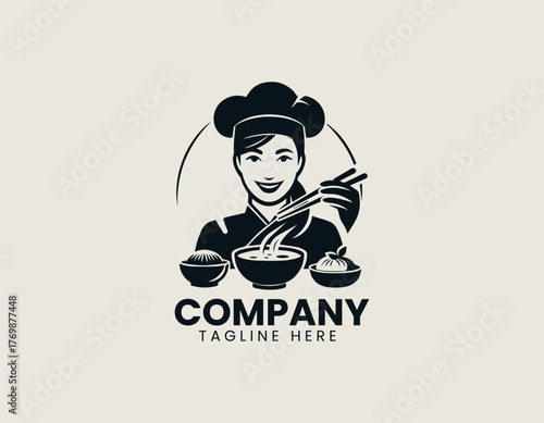 Female chef holding chopsticks serving dumplings in warm cartoon vector illustration