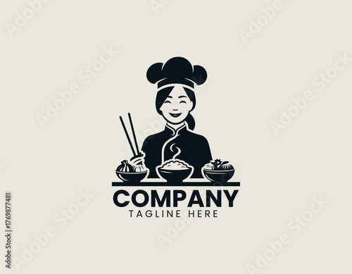 Female chef holding chopsticks serving dumplings in warm cartoon vector illustration