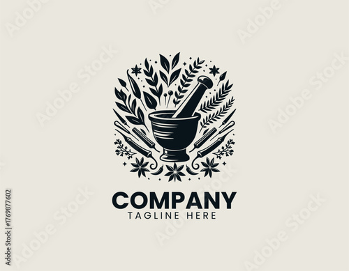 Vintage hand drawn vector illustration of mortar and pestle with herbs and spices