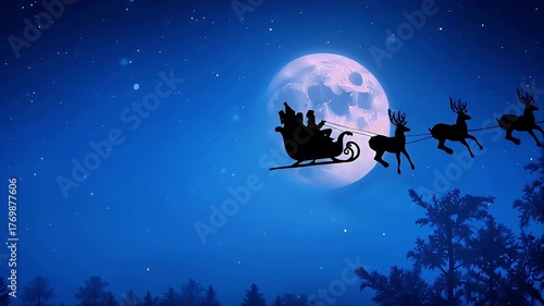 Midnight Moonlit Journey: Santa's Sleigh with Reindeer Silhouette Art