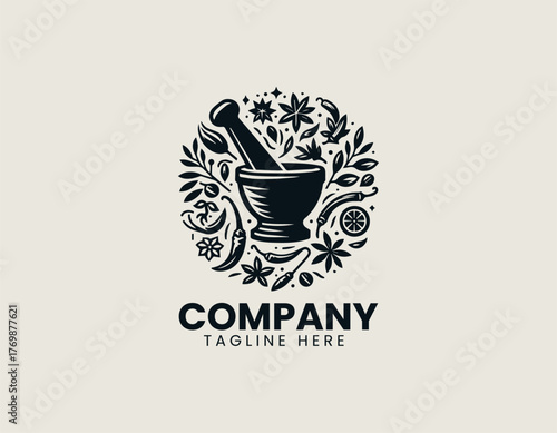 Vintage hand drawn vector illustration of mortar and pestle with herbs and spices