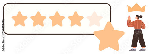 Five-star rating bar with one star enlarged, woman placing a crown. Ideal for feedback, customer success, quality, evaluation, achievement, reviews and ratings. A simple flat metaphor