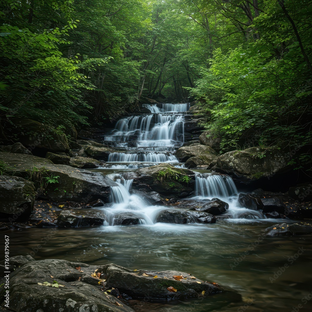Fototapeta premium Dynamic water movement flowing over large, wet rocks forming numerous natural tiers within a dense, lush, and vibrant forest environment ,flow ,wet ,landscape