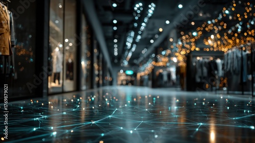 Abstract image depicting a futuristic retail store with interconnected data network on floor