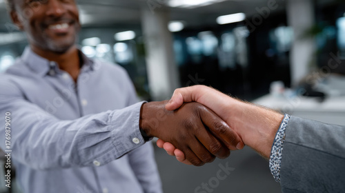 Two professional men exchange a friendly handshake, symbolizing trust and partnership in a corporate environment filled with collaboration and mutual respect.