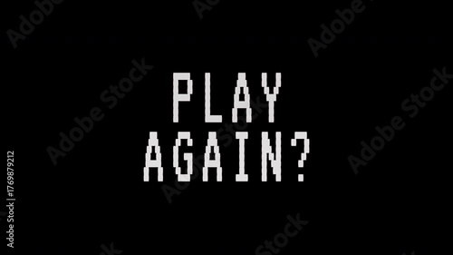 Retro pixel art text PLAY AGAIN?' flickers on a black background, simulating a vintage arcade game screen. 4K video text animation for vintage arcade game intro.