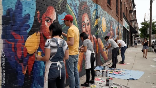 Diverse group collaborates creating vibrant community mural on urban street, fostering creativity and connection outdoors