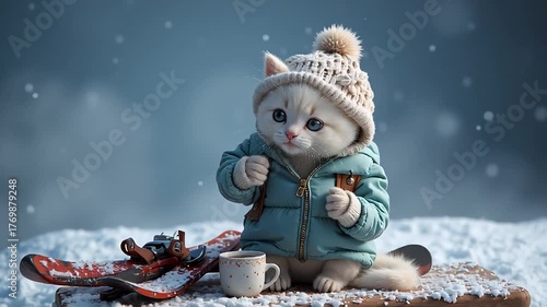 A playful kitten sits on snowshoes, peering inquisitively at the viewer with adorable wide eyes.