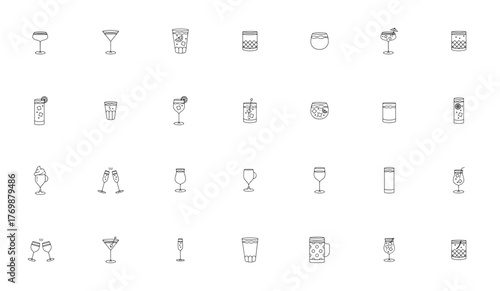 Cocktail Party icon set. Vector illustration. Minima line icons pack. IncludesCocktail, Martini, Whiskey Gin Tonic, Champagne, Win, Beer and more. Editable troke.