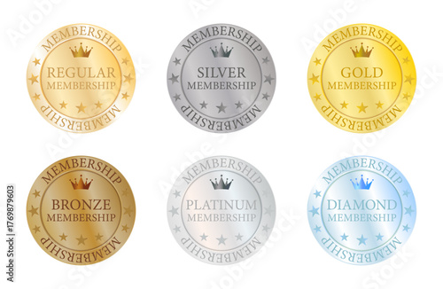 外周に「MEMBERSHIP」文字を配した重厚なメタル風デザインの会員ランクメダルセット｜6段階のメンバーシップバッジコレクション