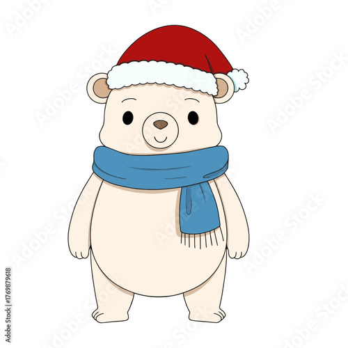 Cute Santa Polar Bear with Scarf. Christmas Winter Cartoon Illustration