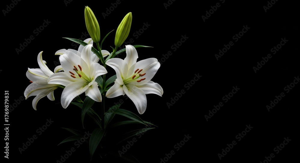 Obraz premium Elegant white lilies arranged in a beautiful bouquet against a dramatic black backdrop creating stunning contrast ,pure ,close up ,studio