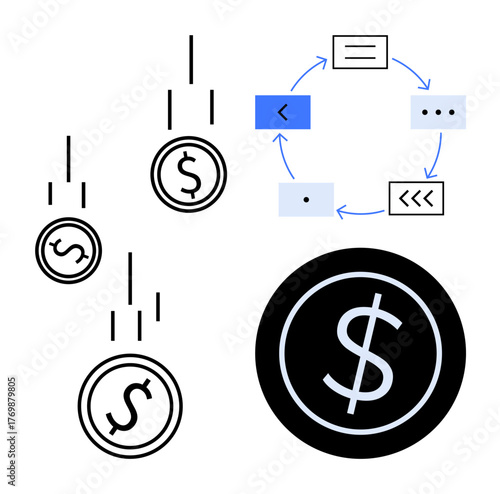 Animated dollar coins falling combined with a circular diagram for process flow visualization. Ideal for finance, investment, process management, payment systems, economics, banking, data flow. A