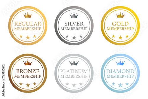 王冠と星を中央に配置した6種類の会員ランクバッジセット｜清潔感と高級感を両立したメンバーシップレベルデザイン（ベクター素材）