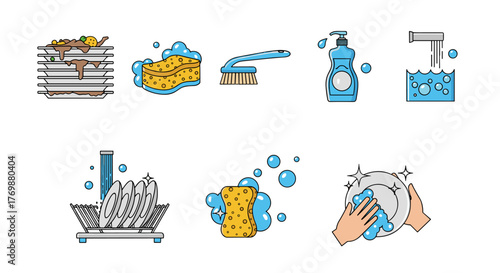 Set of vector cartoon illustrations depicting the dishwashing process, from dirty plates to clean dishes drying in a rack, with essential tools like sponges, brushes, and soap, all on a clean white