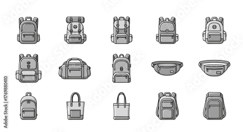 Collection of line art icons representing various bags including school bags, tracking backpacks, hiking backpacks, duffel bags, tote bags, and waist bags, perfect for infographics, articles, books