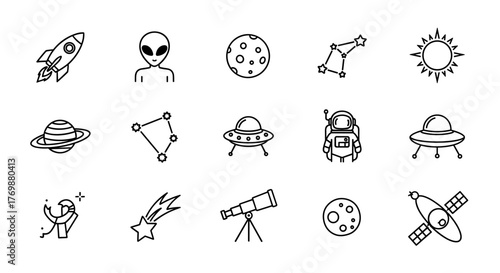 Set of cosmos-related line icons, including a planet, sun, and moon outline signs, perfect for graphic and web design, apps, adverts, and various cards, presented as a vector cartoon illustration for