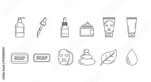 Set of minimalist outline icons representing skincare and beauty products, including soap bars, dropper bottles, face masks, creams, lotions, and natural elements like leaves and water drops, perfect