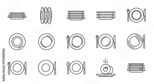 A collection of simple, minimalistic linear icons representing plates and dining settings, perfect for web design, graphic design, apps, banners, social networks, and cards. These vector cartoon