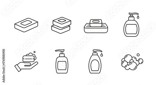 Set of modern outline style icons representing various soap and hygiene products, including bar soap, liquid soap dispensers, a hand holding a soapy sponge, and bubbles, perfect for design elements