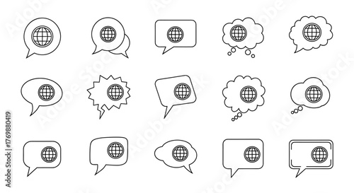 Set of 15 speech bubble icons with a globe pictogram inside, drawn with thin white lines on a black background, representing global communication, international messages, and worldwide connectivity