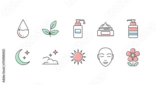 A collection of minimalistic, thin-line icons representing skincare and beauty essentials, including a water drop, plant leaves, lotion bottles, a jar of cream, a moon and stars, the sun, a human
