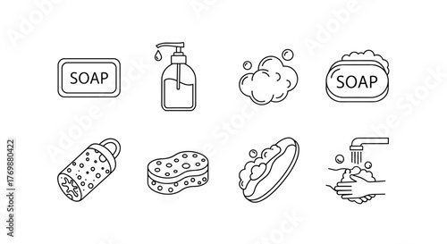 Minimalistic linear pictograms of hygiene and cleaning items, including bar soap, liquid soap dispenser, bubbles, a shower sponge, a loofah, and hands being washed under a faucet, perfect for web