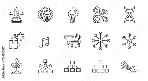 A collection of 15 science and technology-themed line icons, including a flask with arrows, a gear with a lightbulb, a lightbulb, molecular structures, DNA, puzzle pieces, musical notes, a synthesis