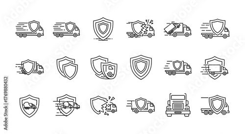 Set of linear vector cartoon illustrations depicting trucks and shields, symbolizing secure and fast delivery, insurance, and protection. Each icon is hand-drawn with thin lines on a white